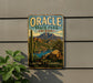 A vintage-style metal sign for Oracle State Park in Arizona, featuring a desert landscape with mountains, cacti, and a lake.