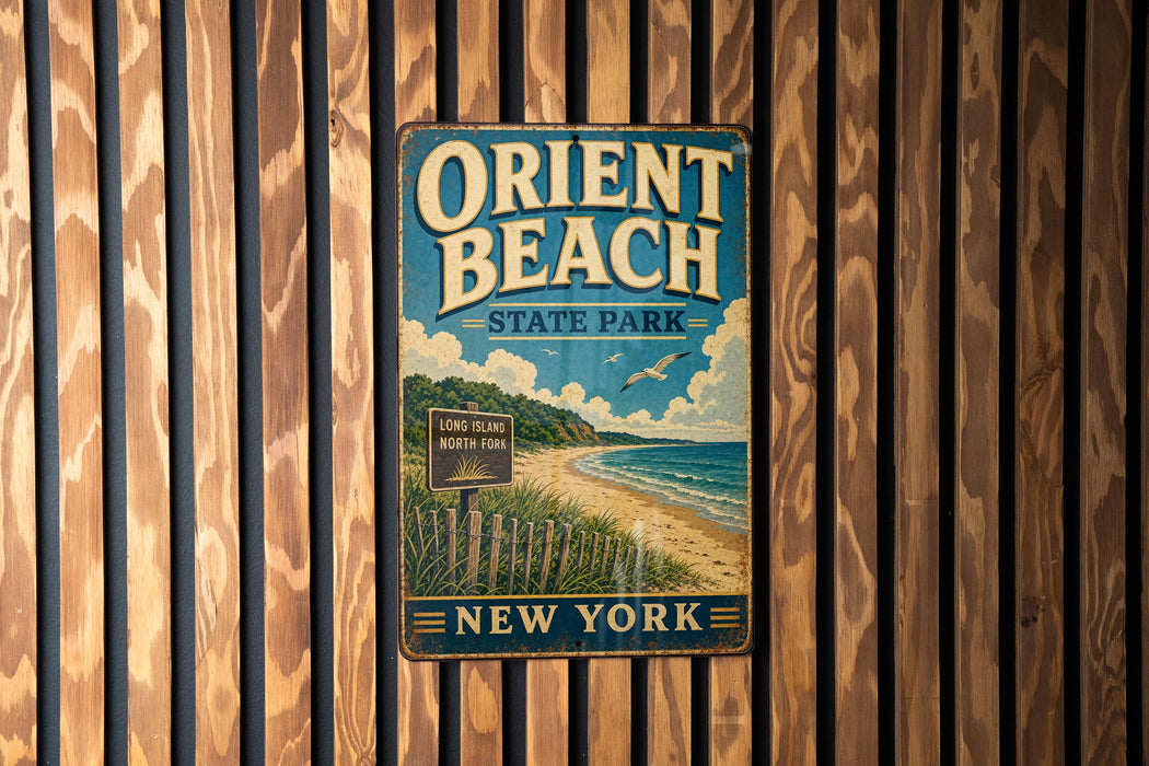 A vintage metal sign for Orient Beach State Park in New York, featuring a beach scene with a sign indicating the location.