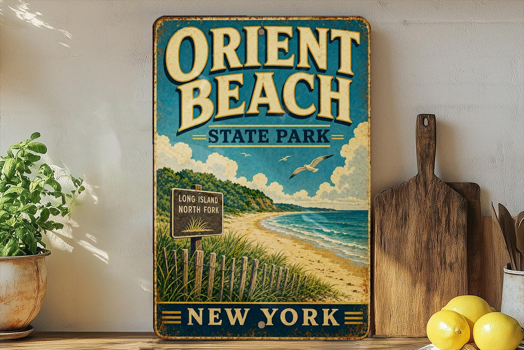 A vintage-style sign for Orient Beach State Park in New York, featuring a beach scene with a wooden fence and a sign indicating the location.