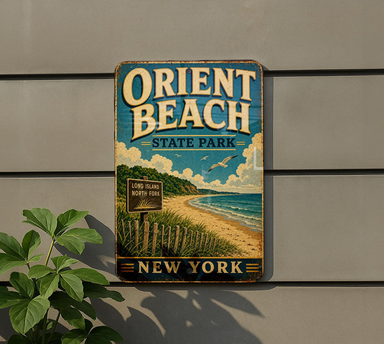A vintage-style sign for Oriental Beach State Park in New York, featuring a beach scene with a fence and a bird in flight.