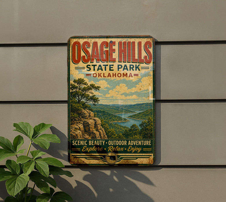 A vintage-style sign for Osage Hills State Park in Oklahoma, featuring a scenic landscape with a mountain and a river.
