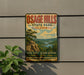A vintage-style sign for Osage Hills State Park in Oklahoma, featuring a scenic landscape with a mountain and a river.