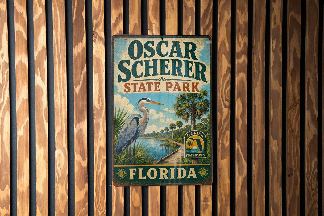 A vintage-style metal sign for Oscar Schrer State Park in Florida, featuring a blue heron and palm trees, mounted on a wooden wall.