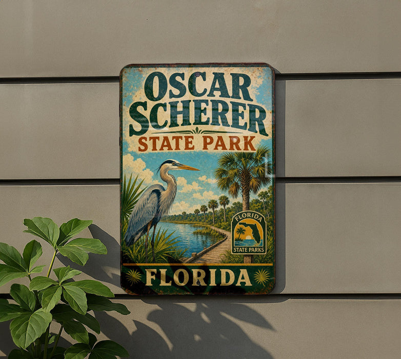 A vintage-style sign for Oscar Scherer State Park in Florida, featuring a large blue heron and palm trees, mounted on a wall.