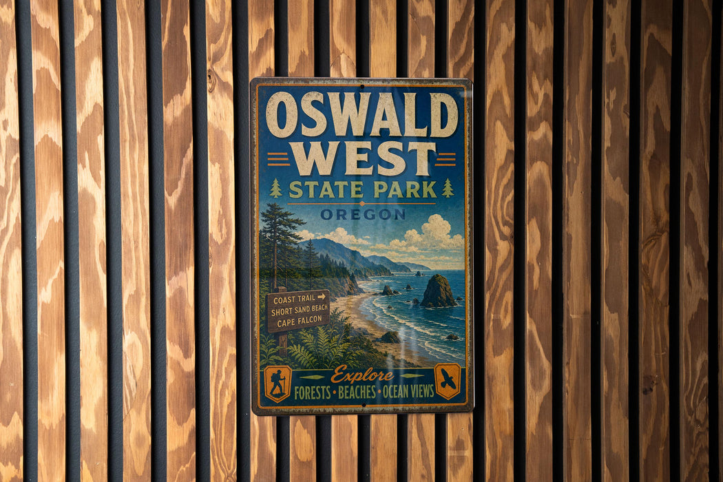 A vintage-style metal sign for Oswald West State Park in Oregon, featuring a scenic coastal landscape with mountains, forests, and ocean views.