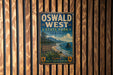 A vintage-style metal sign for Oswald West State Park in Oregon, featuring a scenic coastal landscape with mountains, forests, and ocean views.