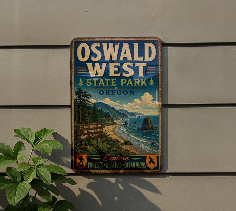 A vintage-style metal sign for Oswald West State Park in Oregon, featuring a scenic coastal landscape with mountains, trees, and a beach.