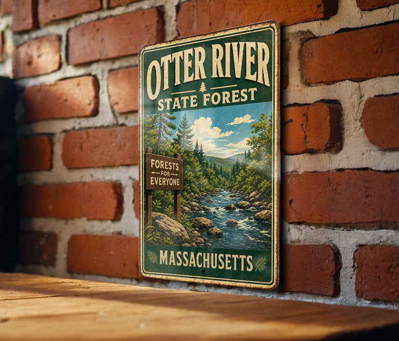 A vintage metal sign for Otter River State Forest in Massachusetts, featuring a scenic image of a river surrounded by forests.