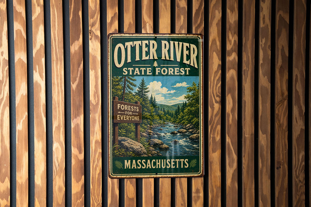 A vintage metal sign for Otter River State Forest in Massachusetts, featuring a scenic illustration of a forest and a river.