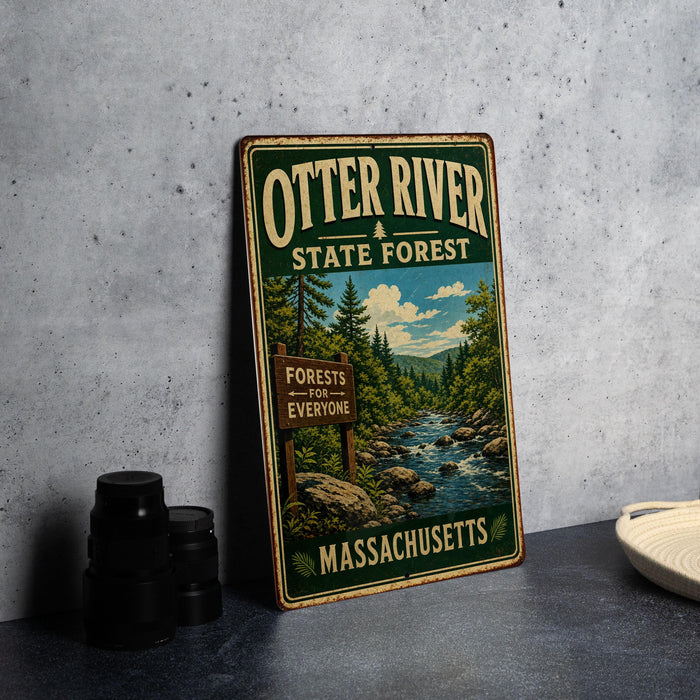 A vintage-style metal sign for Otter River State Forest in Massachusetts, featuring a scenic illustration of a forest and a river.
