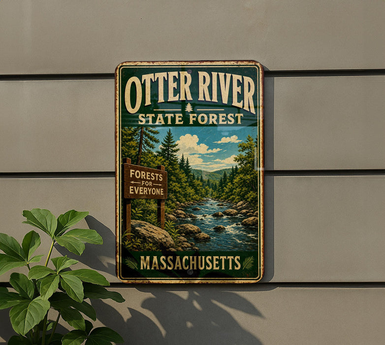 A vintage metal sign for Otter River State Forest in Massachusetts, featuring a scenic illustration of a river surrounded by pine trees and mountains.
