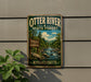A vintage metal sign for Otter River State Forest in Massachusetts, featuring a scenic illustration of a river surrounded by pine trees and mountains.