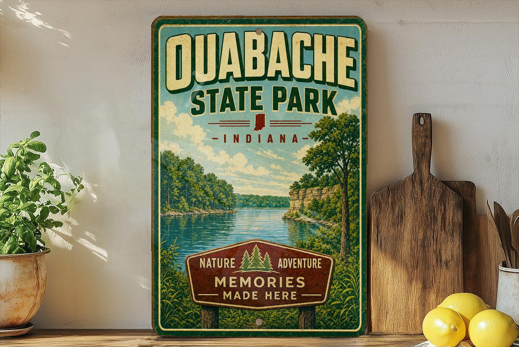 a vintage-style sign for Quabache State Park, Indiana, with a scenic illustration of a river and forest. The sign is displayed on a shelf, surrounded by various kitchen items such as a cutting board, a knife, a bowl, and a potted plant.