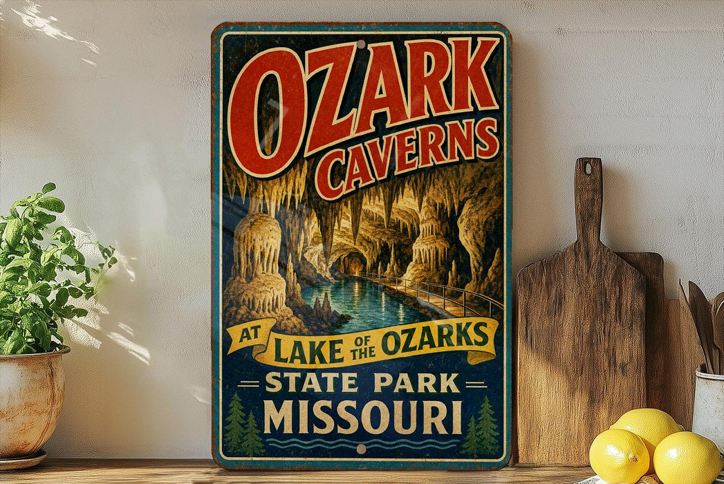 A vintage-style sign for Ozark Caves, located at Lake of the Ozarks State Park in Missouri.