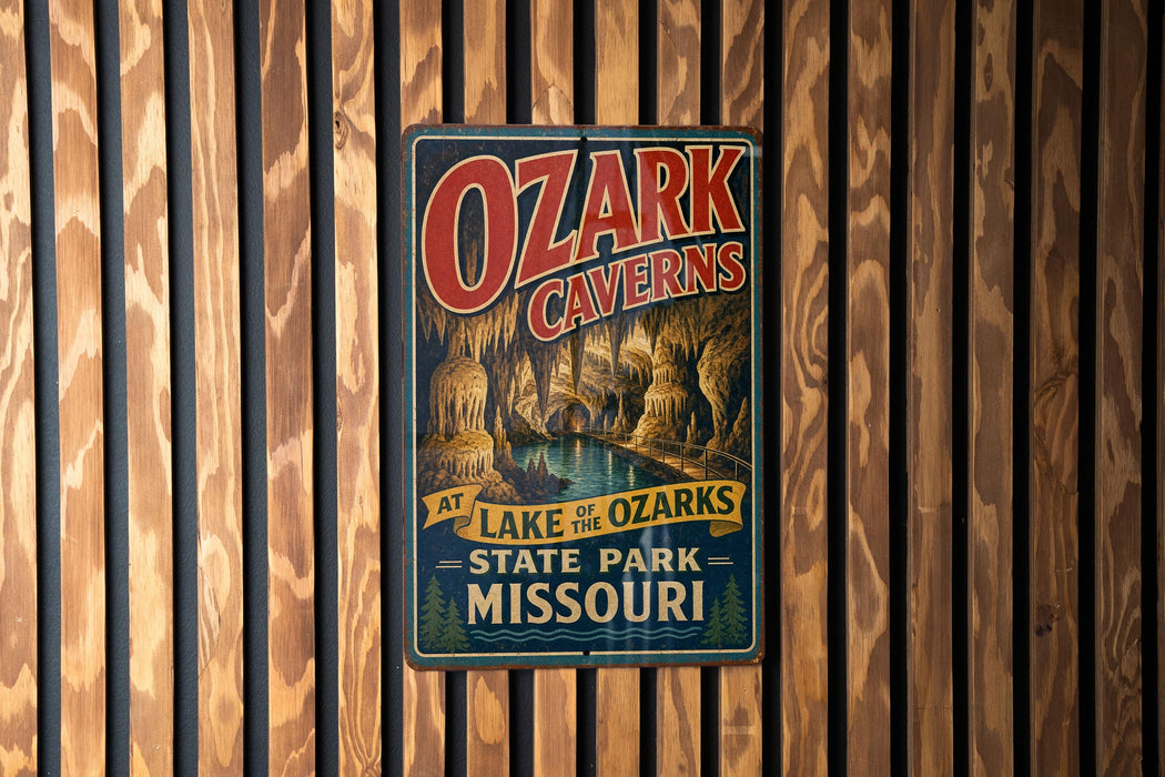 A vintage-style sign for Ozark Caves, located at Lake of the Ozarks State Park in Missouri.