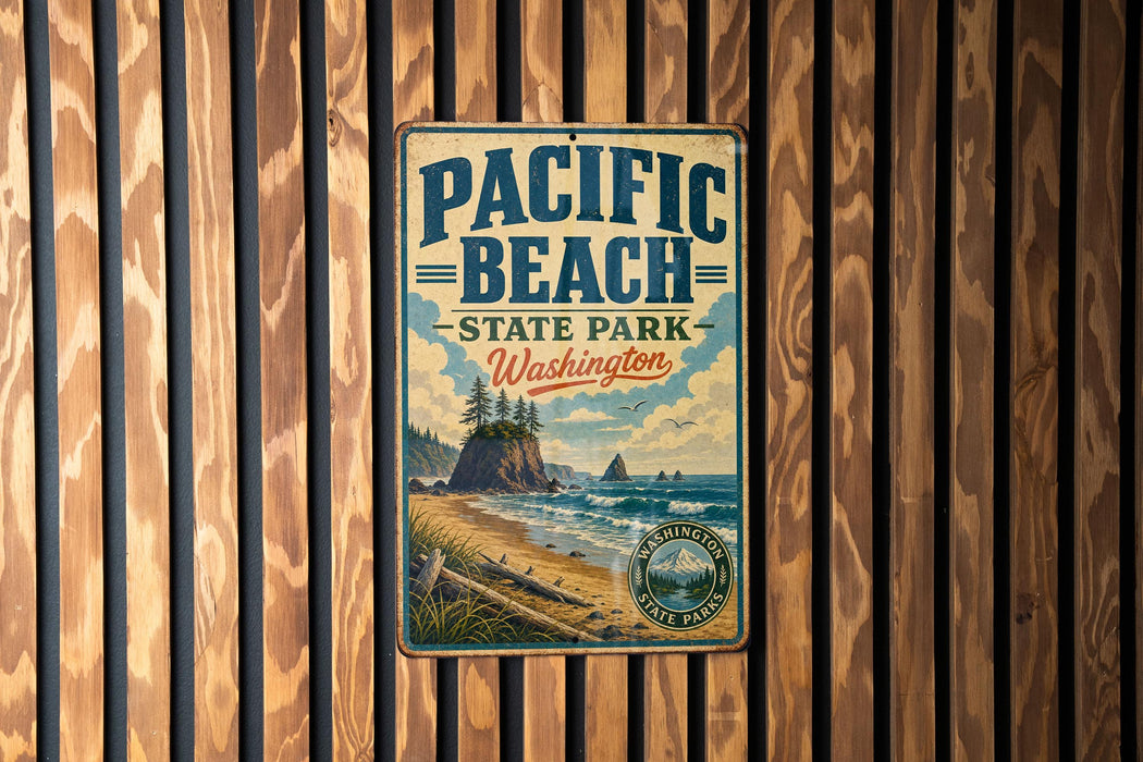 A vintage-style metal sign for Pacific Beach State Park in Washington, featuring a scenic coastal landscape with a rocky outcropping, beach, and ocean.