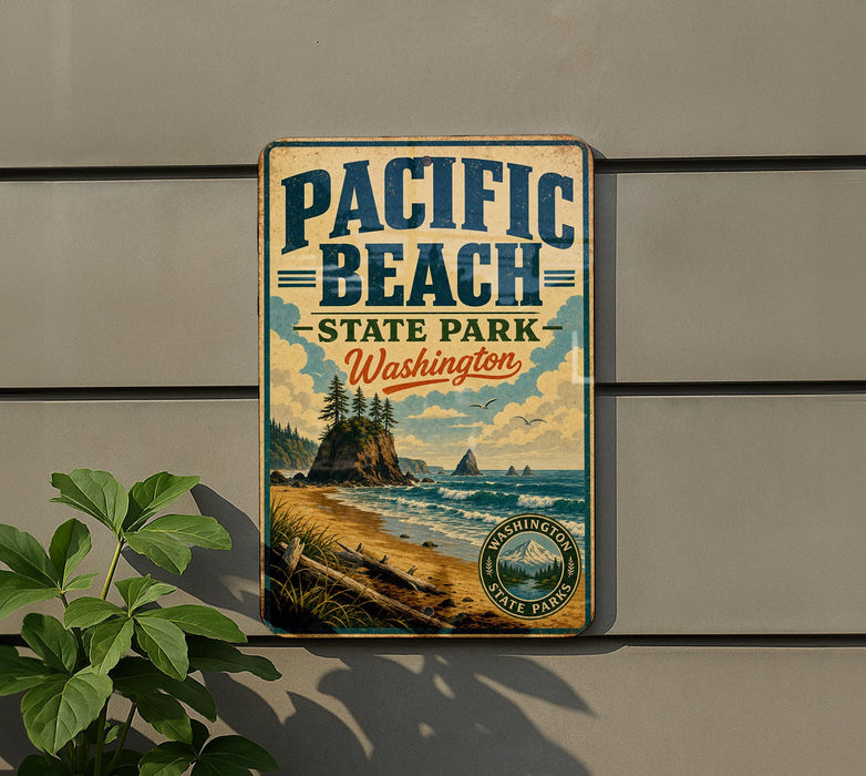 A vintage-style metal sign for Pacific Beach State Park in Washington, featuring a scenic landscape with a beach, mountains, and a pine tree.