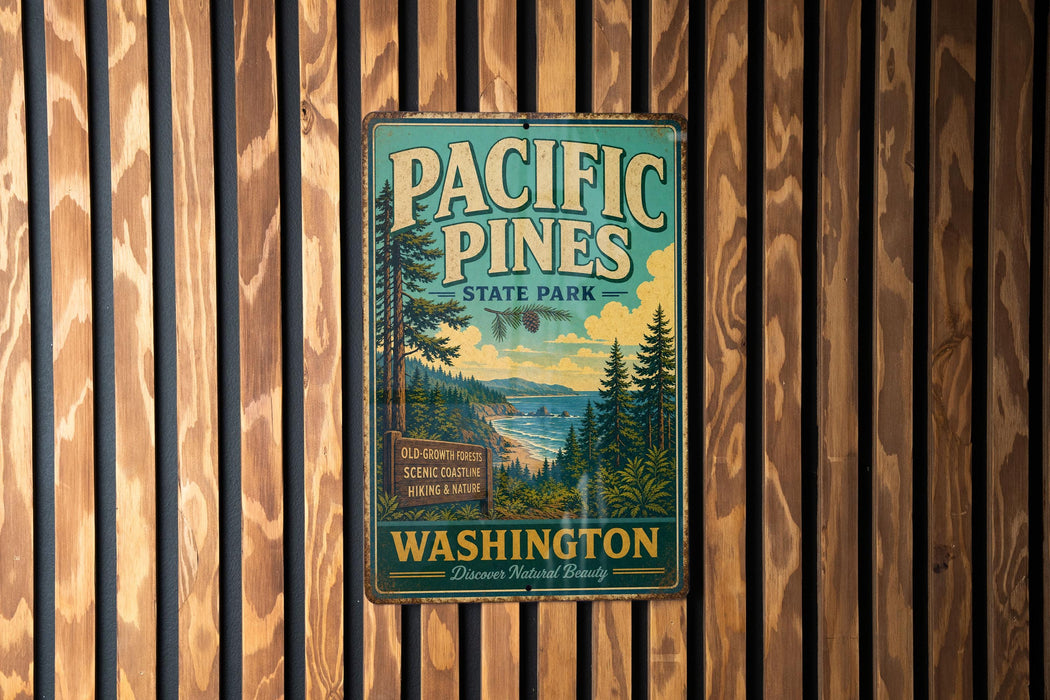 A vintage metal sign for Pacific Pines State Park in Washington, featuring a scenic illustration of the park's natural surroundings.