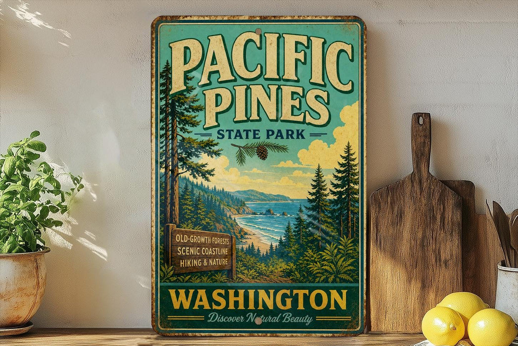 A vintage-style sign for Pacific Pines State Park in Washington, featuring a scenic landscape with pine trees, a beach, and mountains.