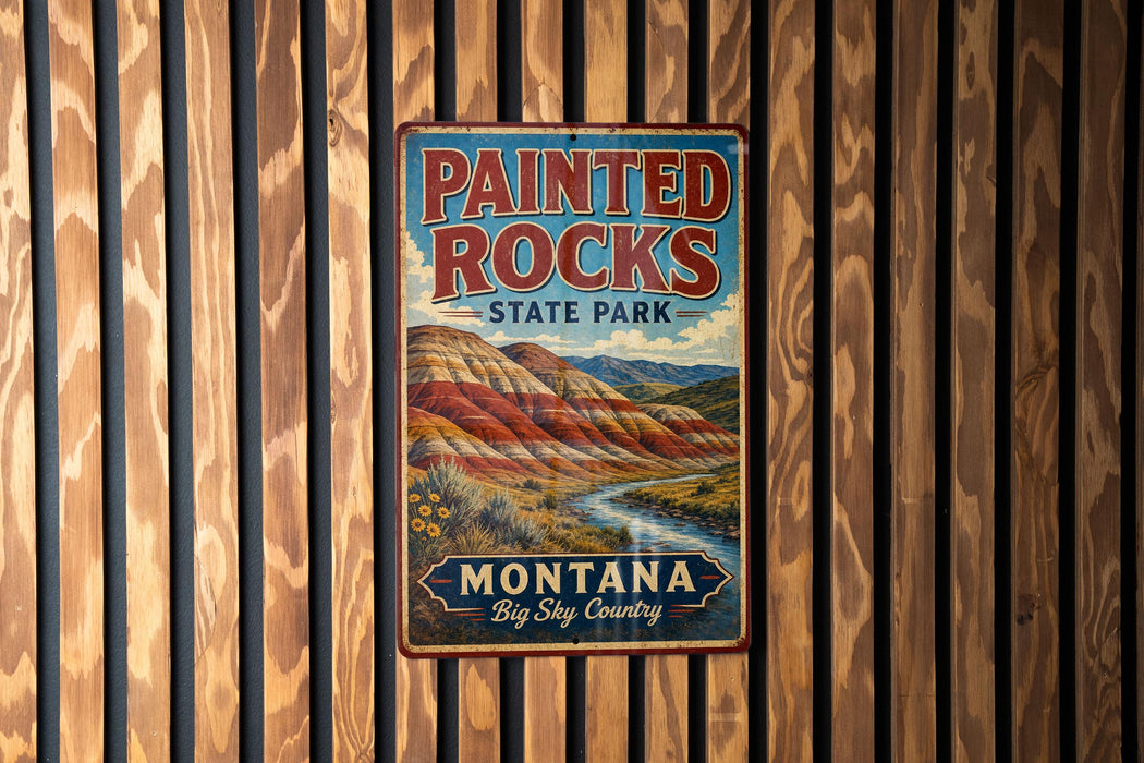 A vintage metal sign for Painted Rocks State Park in Montana, featuring a scenic landscape with mountains and a river.