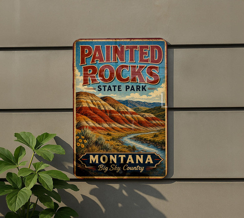 A vintage-style metal sign for Painted Rocks State Park in Montana, featuring a scenic mountain landscape.
