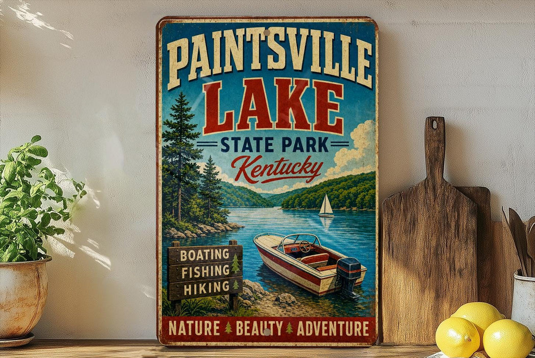 A vintage-style sign for Paintsville Lake State Park in Kentucky, featuring a scenic image of a lake with a boat, surrounded by nature and mountains.