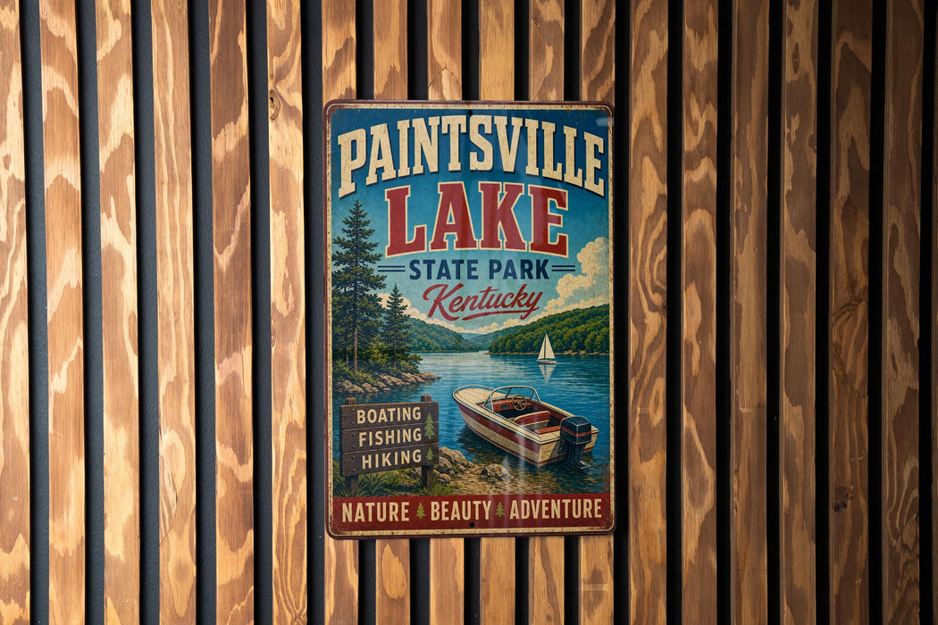 A vintage metal sign for Paintsville Lake State Park in Kentucky, featuring a scenic image of a boat on the lake and a forested landscape.