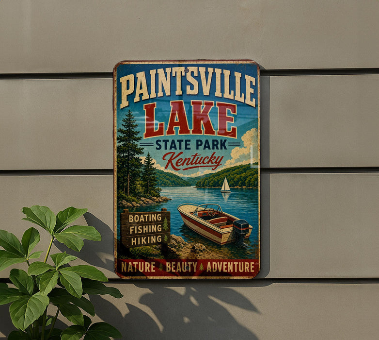 A vintage-style metal sign advertising Paintsville Lake, a state park in Kentucky, featuring a scenic image of a lake, boats, and mountains.