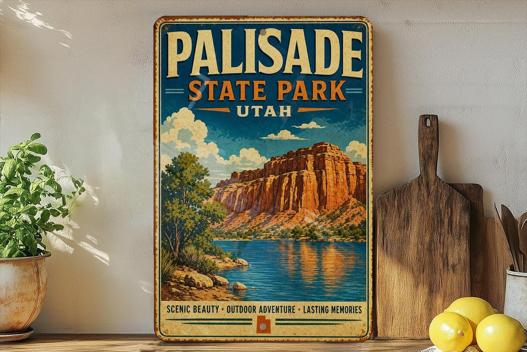 A vintage-style metal sign for Palisade State Park in Utah, featuring a scenic landscape with a mountain and a lake.