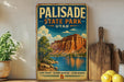 A vintage-style metal sign for Palisade State Park in Utah, featuring a scenic landscape with a mountain and a lake.
