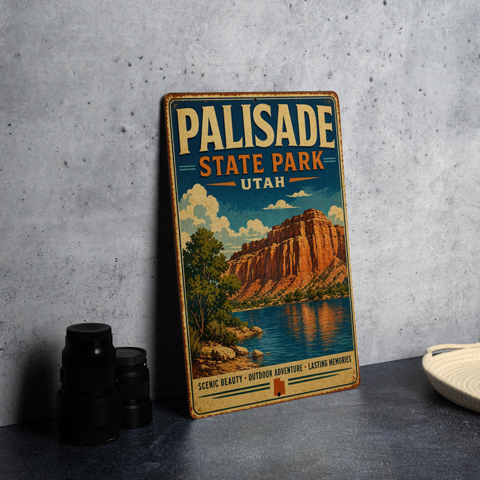 A vintage-style metal sign for Palisade State Park in Utah, featuring a scenic landscape with a mountain and a lake.