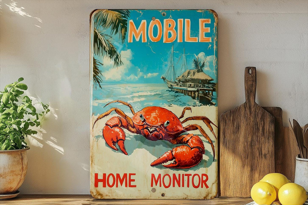 A vintage metal sign with a crab illustration and the text "MOBILE" is displayed on a shelf, accompanied by a wooden cutting board and a potted plant.