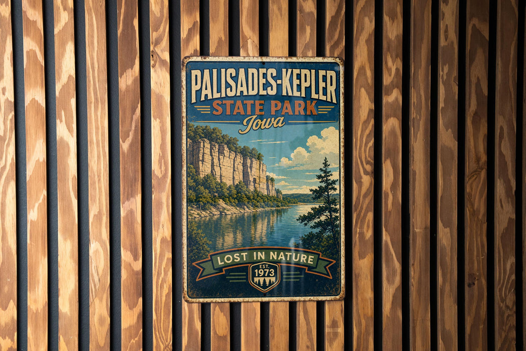 A vintage-style metal sign for Palisades-Kepler State Park, Iowa, featuring a scenic landscape with a lake and cliffs.