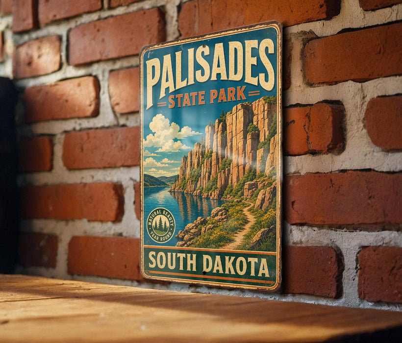 A vintage metal sign for Palisades State Park in South Dakota, featuring a scenic mountain landscape.