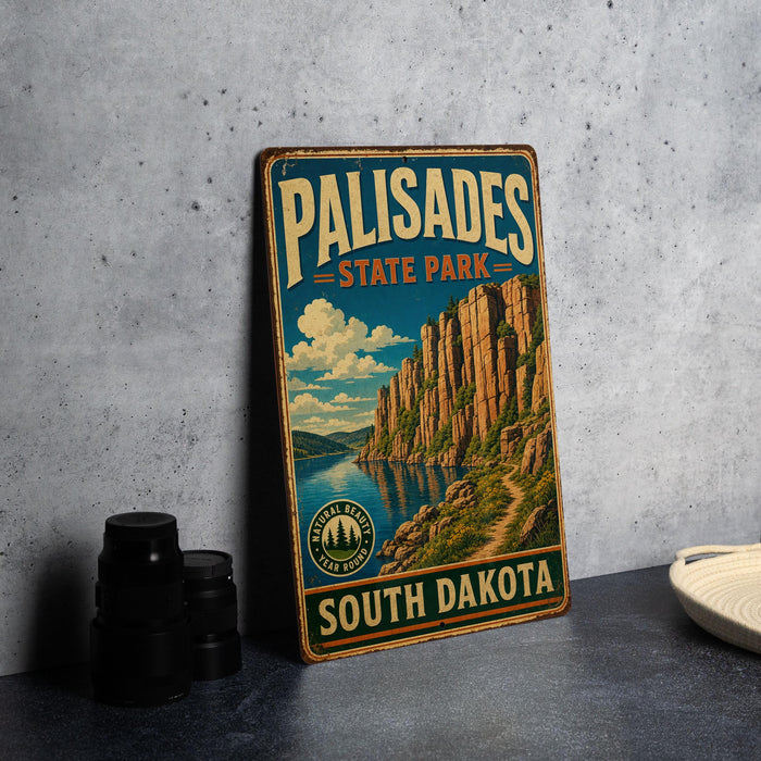 A vintage metal sign for Palisades State Park in South Dakota, featuring a scenic landscape with mountains and a lake.