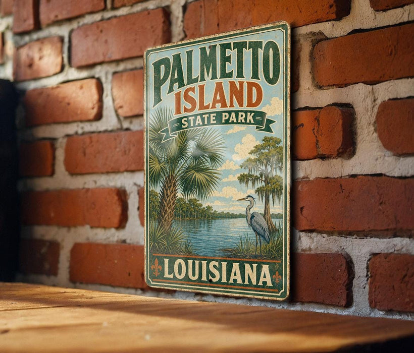 A vintage-style sign for Palmetto Island State Park in Louisiana, featuring a palm tree and a bird, is displayed on a brick wall.