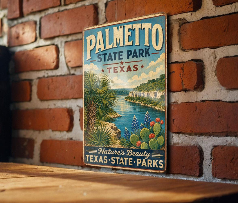 A vintage-style metal sign for Palmetto State Park, Texas, featuring a scenic landscape with palm trees, a river, and a desert landscape.