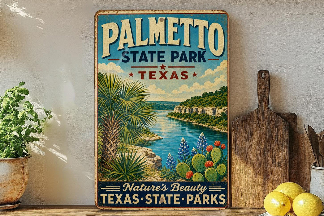A vintage-style sign for Palmetto State Park, Texas, featuring a scenic landscape with palm trees, a river, and cacti.