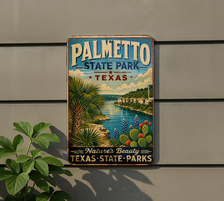 A vintage-style sign for Palmetto State Park in Texas, featuring a scenic landscape with palm trees, cacti, and a body of water.