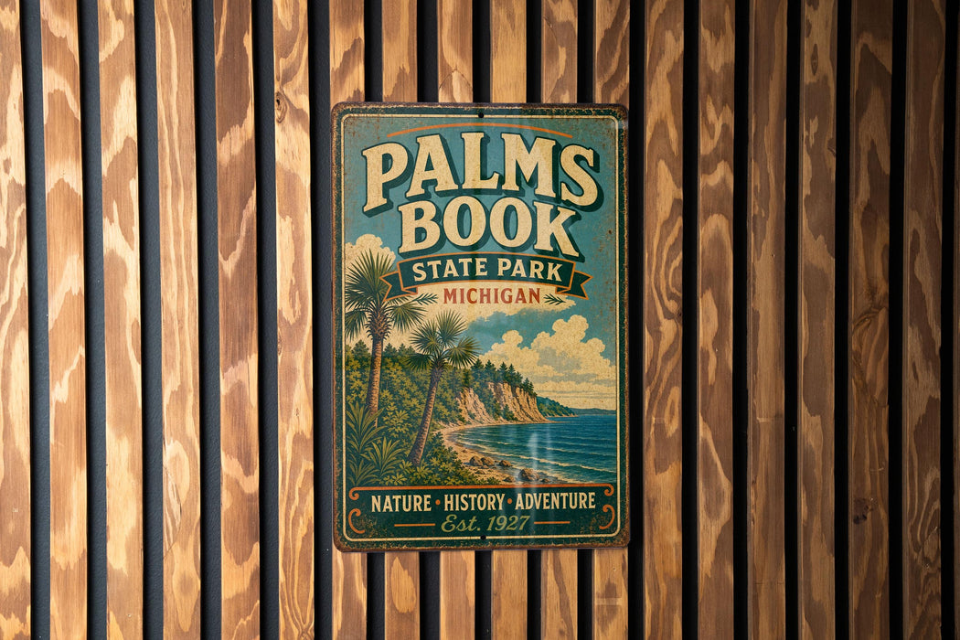 A vintage metal sign for Palm Book State Park in Michigan, featuring a tropical beach scene with palm trees and a body of water.