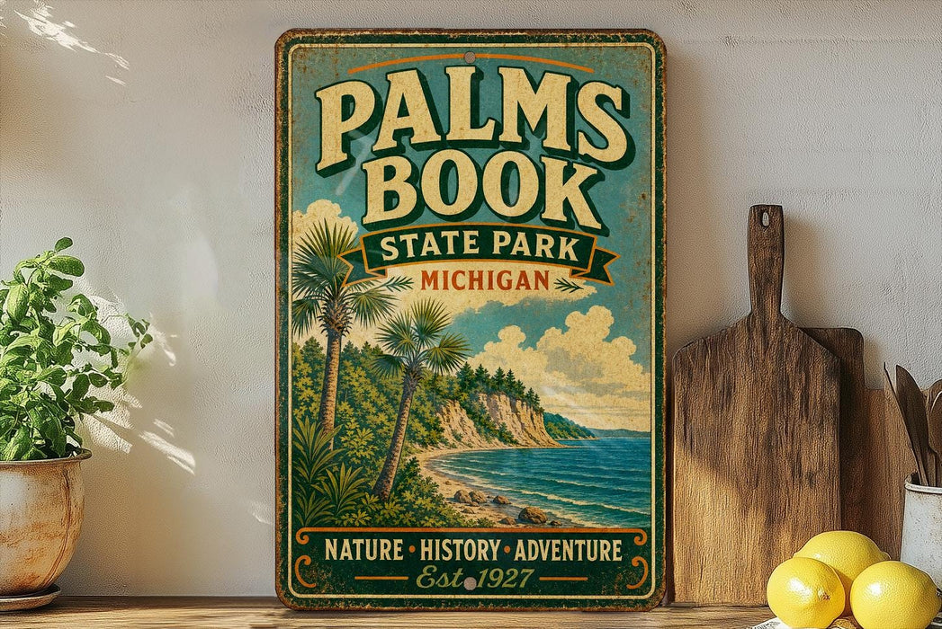 A vintage-style sign for Palm Book State Park in Michigan, featuring a tropical beach scene with palm trees and a body of water.
