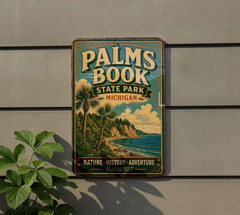 A vintage metal sign for Palm Book State Park in Michigan, featuring a tropical beach scene with palm trees and a body of water.