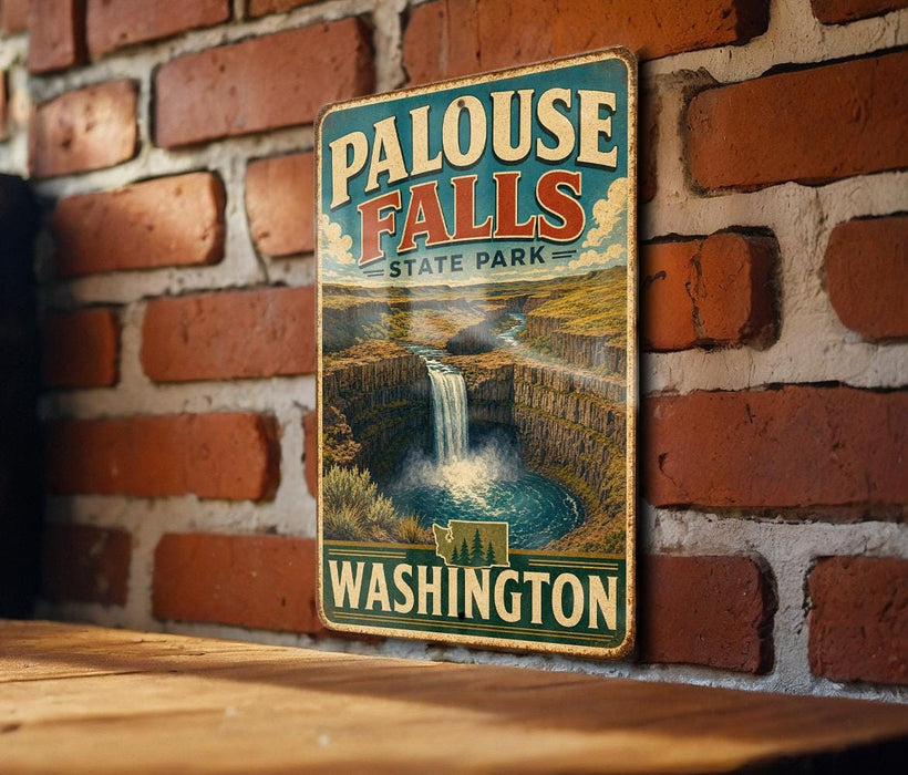 A vintage metal sign for Palouse Falls State Park in Washington, featuring a scenic image of the waterfall and surrounding landscape.