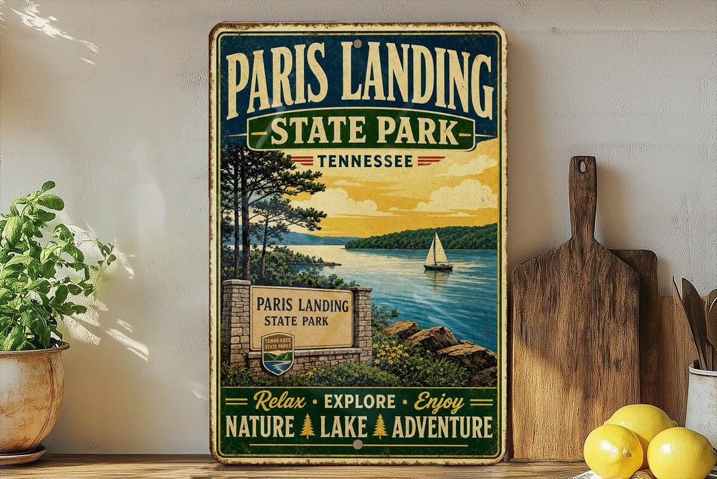 A vintage-style metal sign for Paris Landing State Park in Tennessee, featuring a scenic image of a lake with a sailboat, surrounded by trees and mountains.