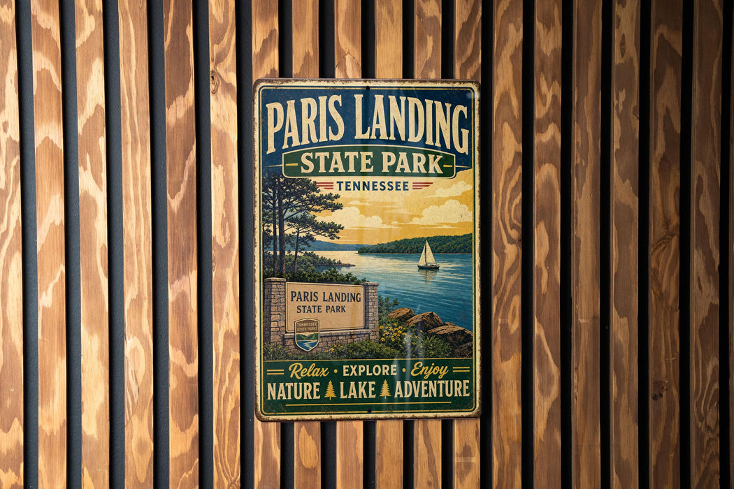 A vintage-style metal sign for Paris Landing State Park in Tennessee, featuring a scenic image of a lake and a sailboat.