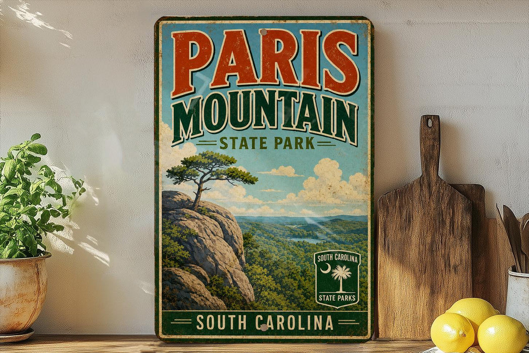 A vintage-style sign for Paris Mountain State Park in South Carolina, featuring a scenic landscape with a tree and mountains in the background.