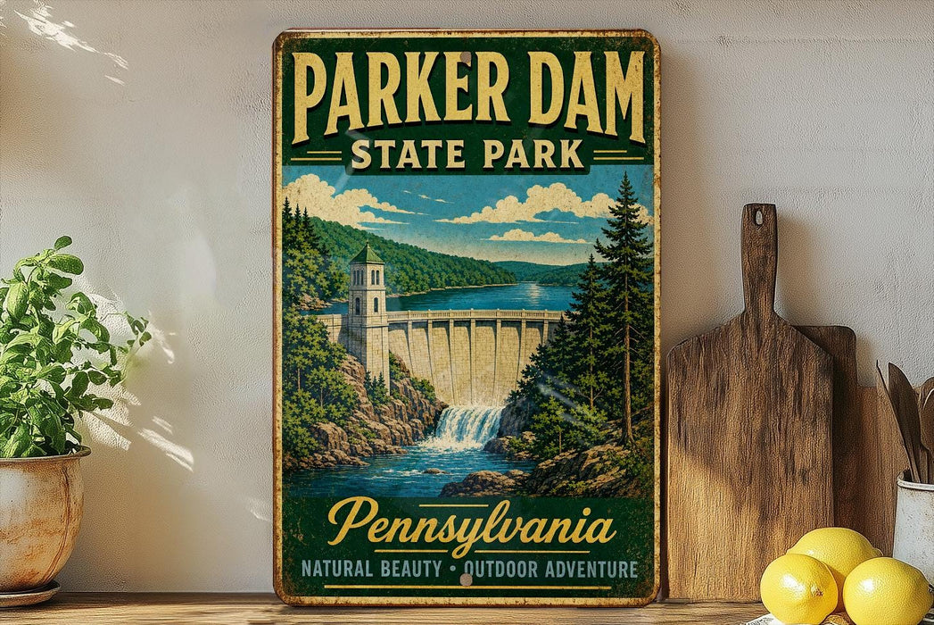 A vintage-style sign for Pennsylvania State Park, featuring a scenic illustration of a waterfall and a bridge, with the text "Parker Dam State Park" prominently displayed.