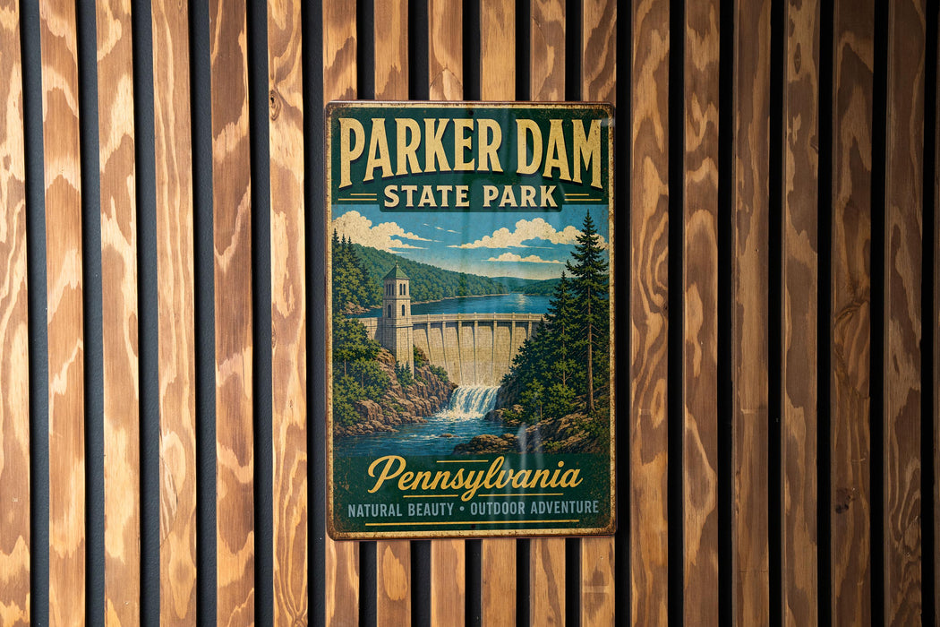 A vintage metal sign for Parker Dam State Park in Pennsylvania, featuring a scenic illustration of the dam and surrounding landscape.