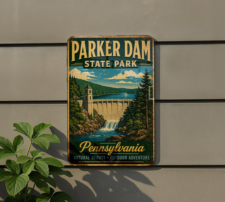 A vintage-style sign for Parker Dam State Park in Pennsylvania, featuring a scenic illustration of a waterfall and a bridge.