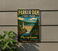A vintage-style sign for Parker Dam State Park in Pennsylvania, featuring a scenic illustration of a waterfall and a bridge.